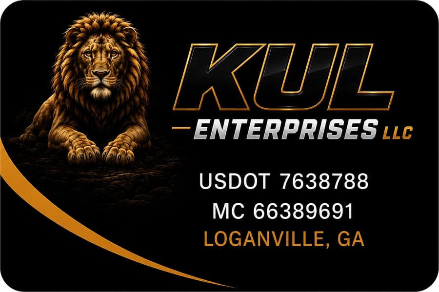 The decal on the tractor door, reading KUL Enterprises LLC, USDOT 7638788, MC 66389691, Loganville, GA