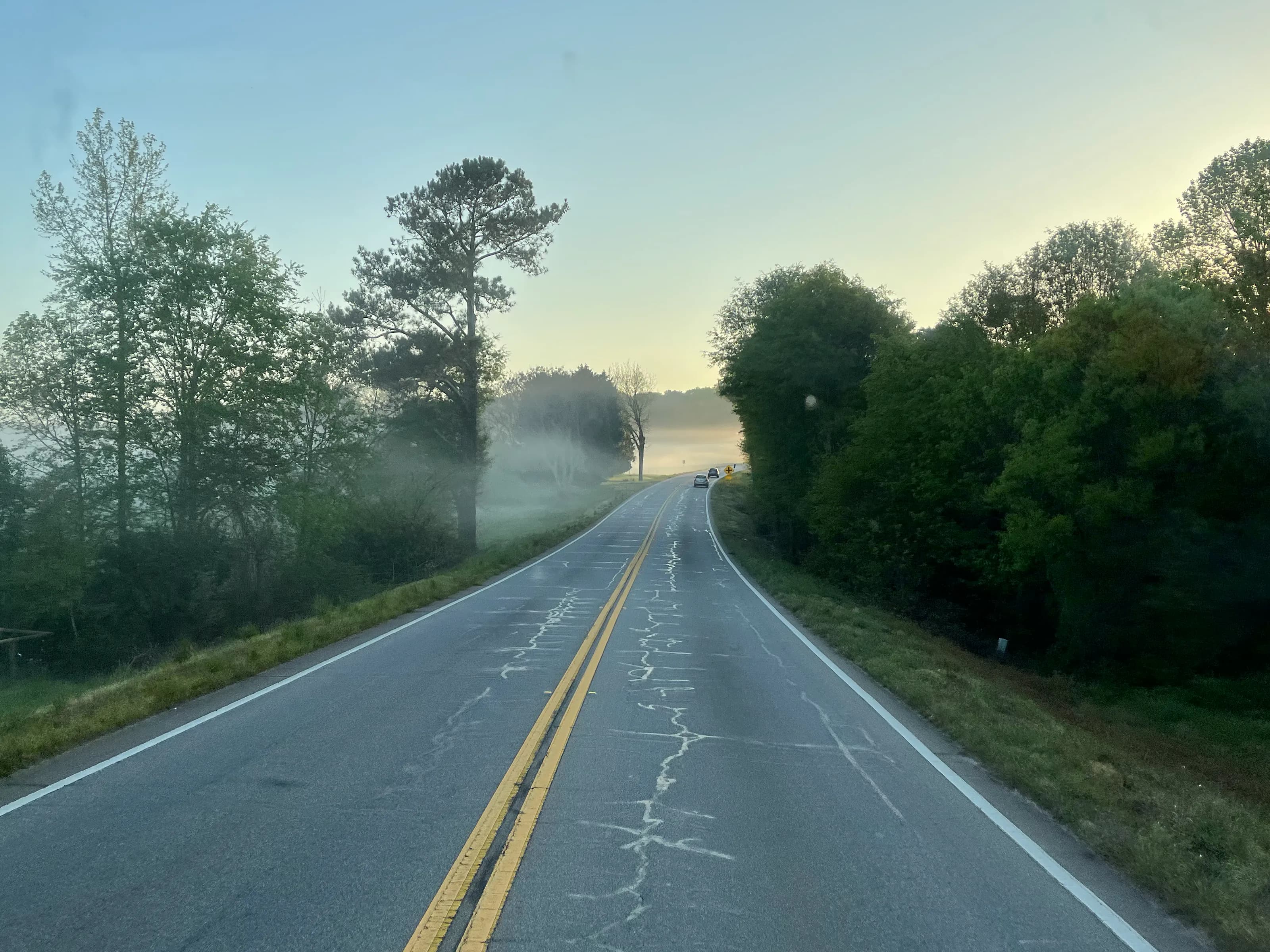 A two-lane country road with a double yellow line running into dawn mist between trees and pasture.
