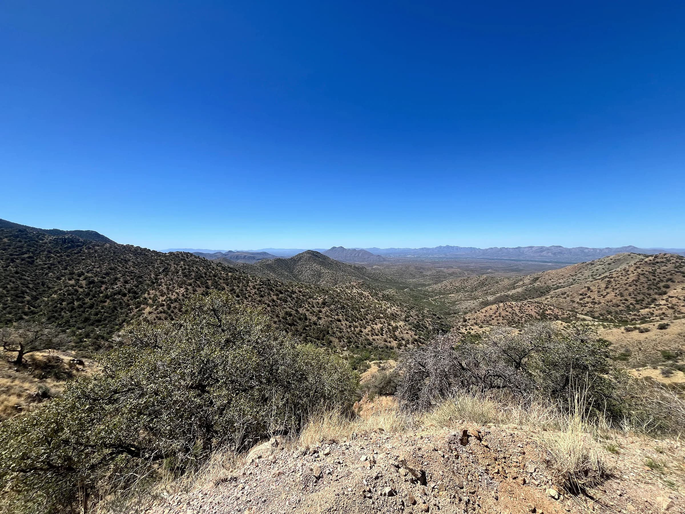 An overlook down a long valley of ridges to distant mountain ranges under a deep blue sky.
