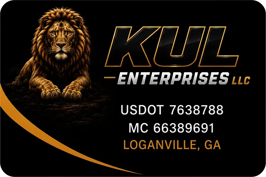 The decal on the tractor door, reading KUL Enterprises LLC, USDOT 7638788, MC 66389691, Loganville, GA